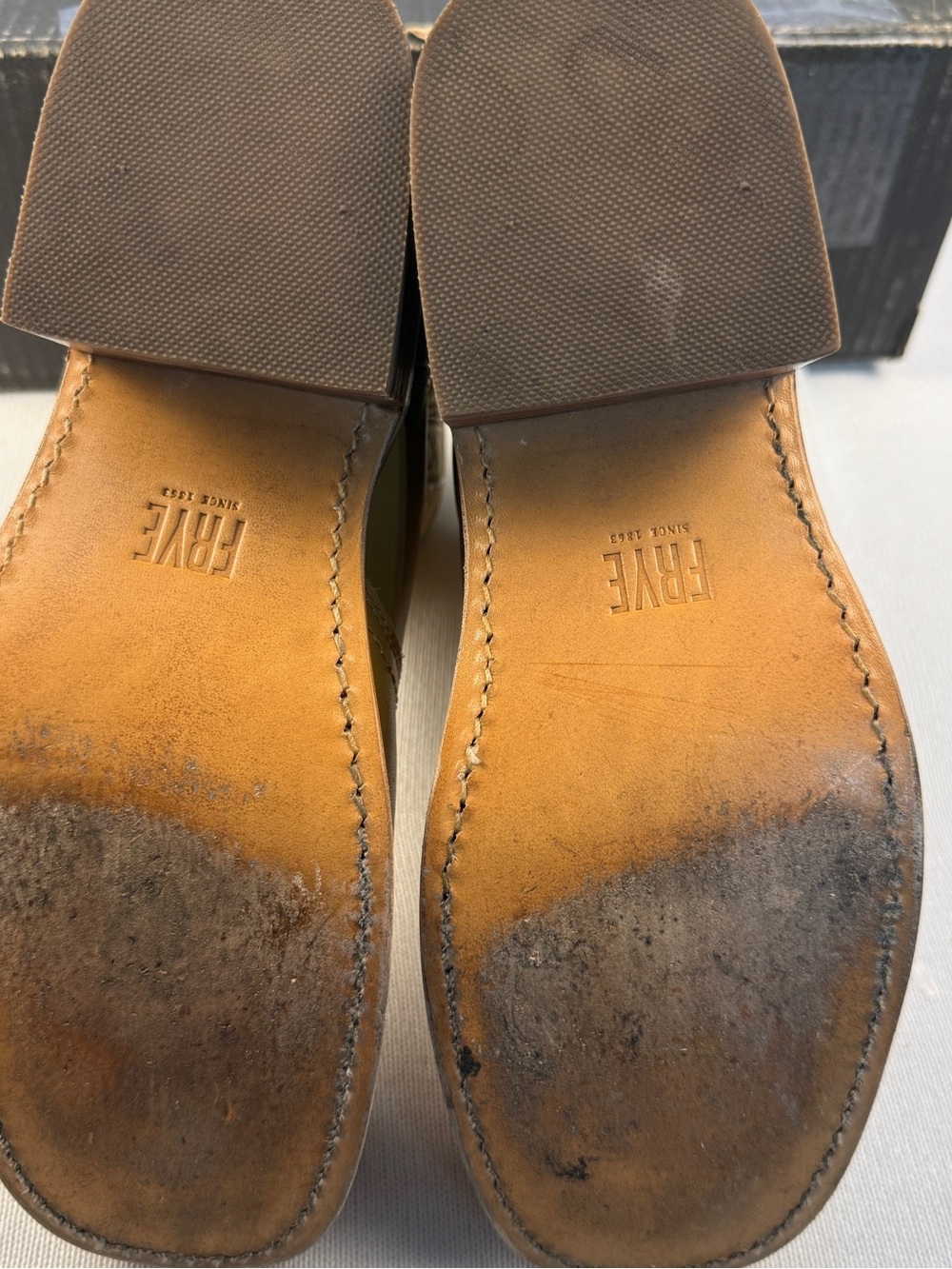Frye Mustard Leather Western Chelsea Booties with Stacked Heel - Picture 11 of 16